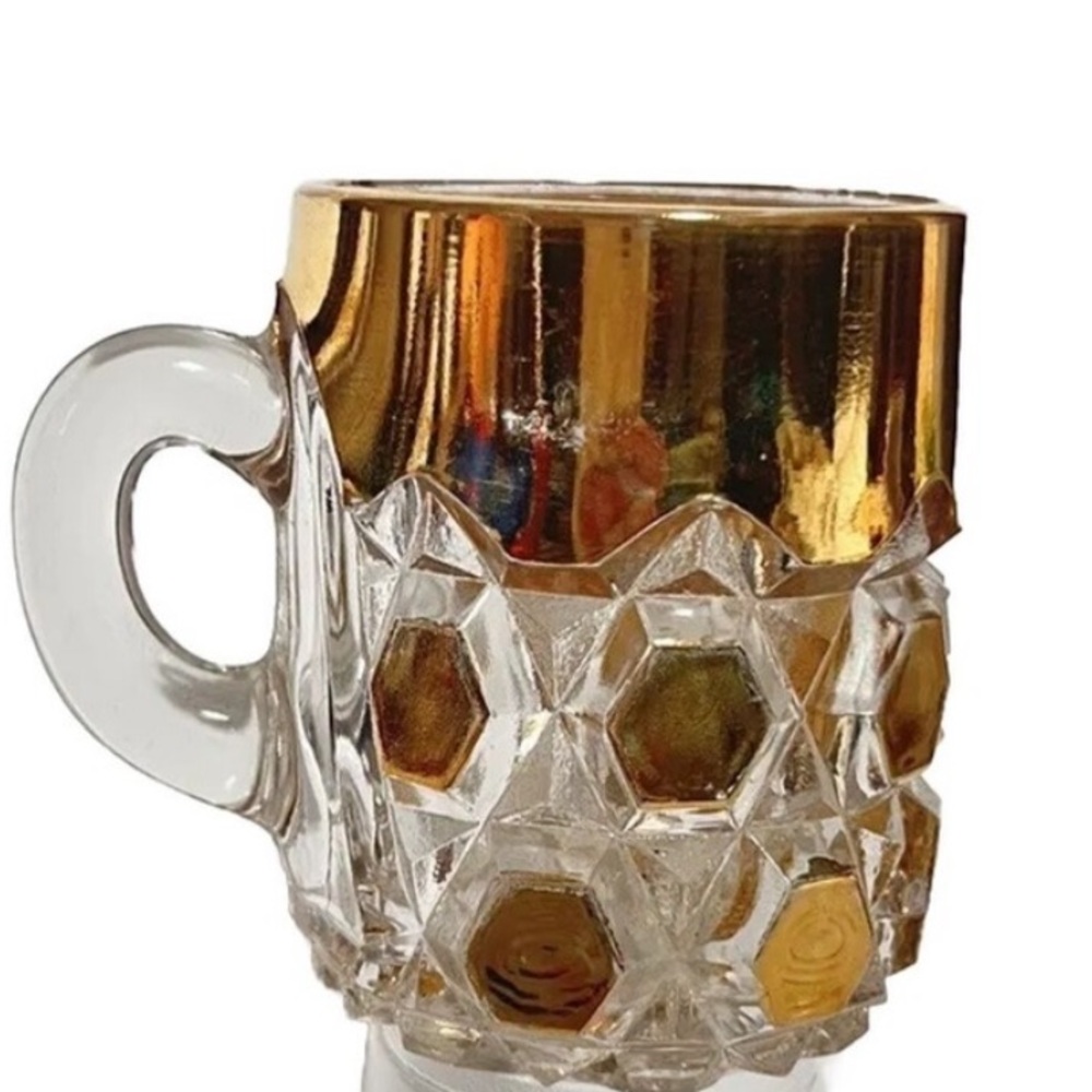Vintage Glass Mug Cup Gold Leaf Clear Fancy Small 3" Hexagon Bevel Art Deco - Picture 7 of 7